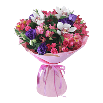 Bouquet of roses, alstroemerias, lisianthus