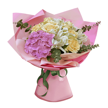 Bouquet of roses, alstroemeria and hydrangeas