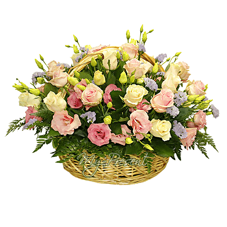 Basket with roses and lisianthus with verdure
