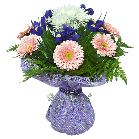 Bouquet of irises, gerberas and chrysanthemums decorated verdure