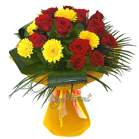 Bouquet of roses and gerberas decorated verdure