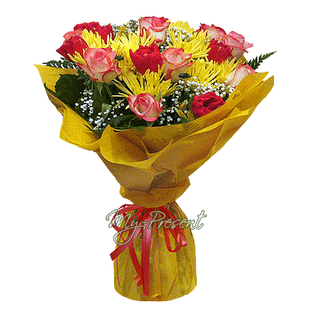 Bouquet of roses, tulips and chrysanthemums