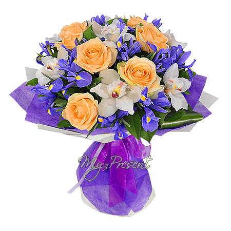 Bouquet of roses, orchids and irises