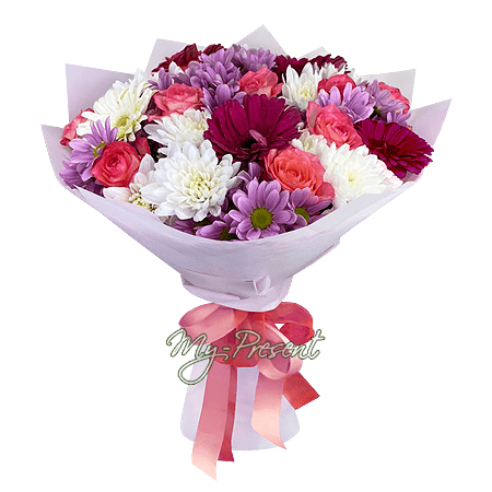 Bouquet of roses, gerberas and chrysanthemums