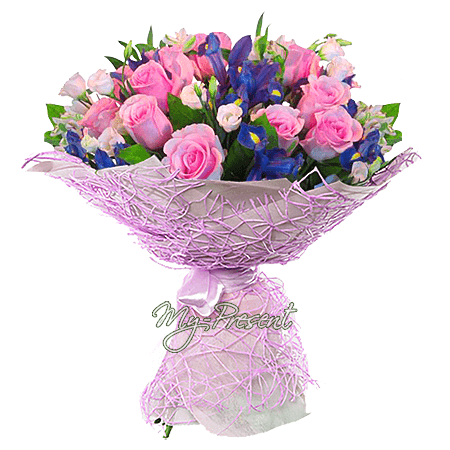 Bouquet of roses, irises and lisianthus