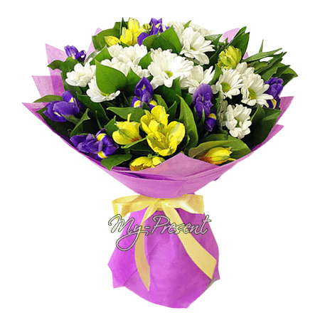Bouquet of irises, alstroemerias and chrysanthemums