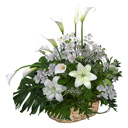 Basket with lilies, callas, alstroemerias