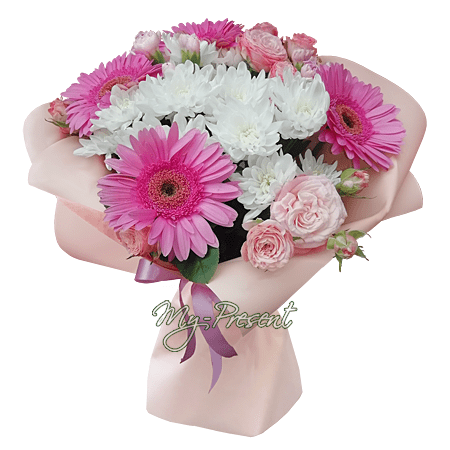 Bouquet of gerberas, chrysanthemums and shrub roses.
