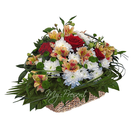 Basket with roses, alstroemerias and chrysanthemums
