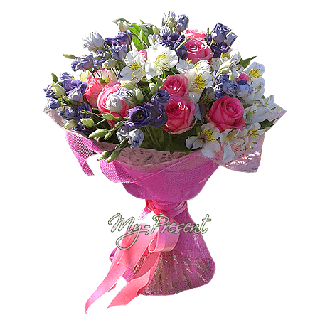 Bouquet of roses, lisianthus and alstroemerias