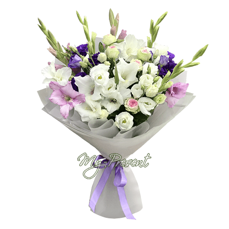 Bouquet of gladioli, roses and lisianthus