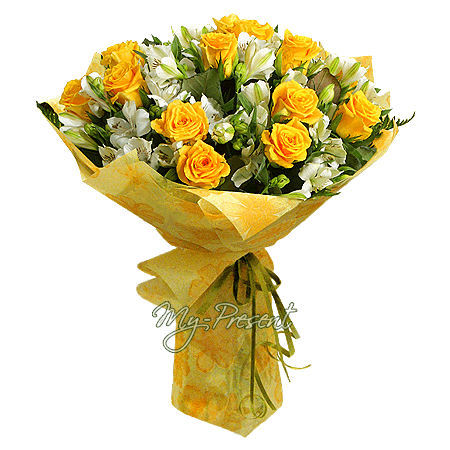 Bouquet of yellow roses and alstroemerias