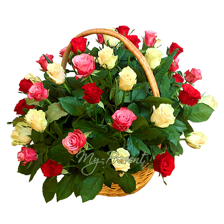 Basket with different color roses