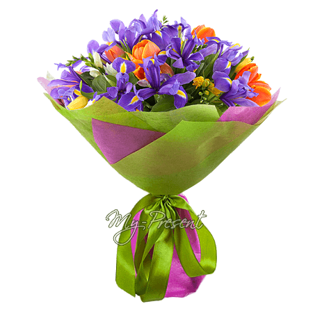 Bouquet of tulips, irises and alstroemerias