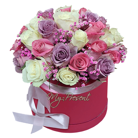 Box of different color roses