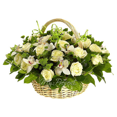 Basket with roses, orchids and chrysanthemums