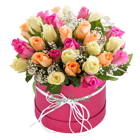 Доставка цветов в коробке тюмень композиция из роз в корзине