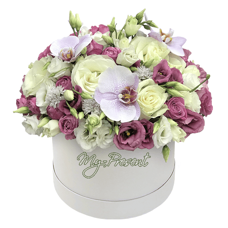 Roses, orchids and lisianthus in box