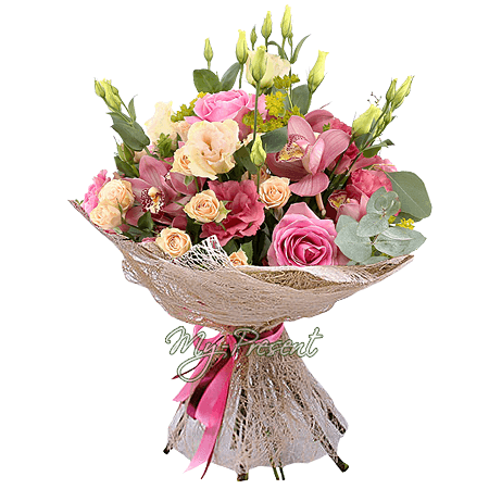 Bouquet of roses, orchids, lisianthus