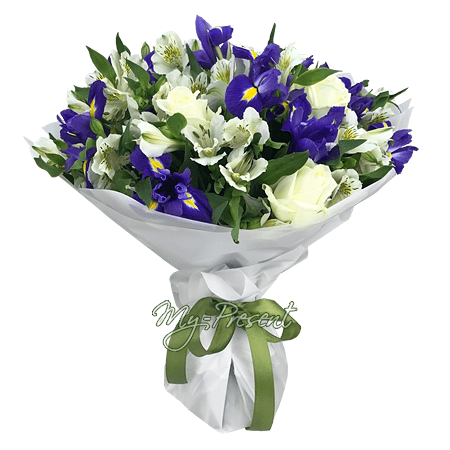 Bouquet of roses, irises and alstroemerias