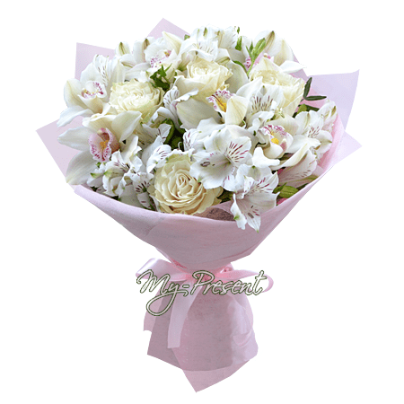 Bouquet of roses, orchids and alstroemerias