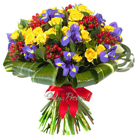 Bouquet of roses, irises and giperikum decorated verdure