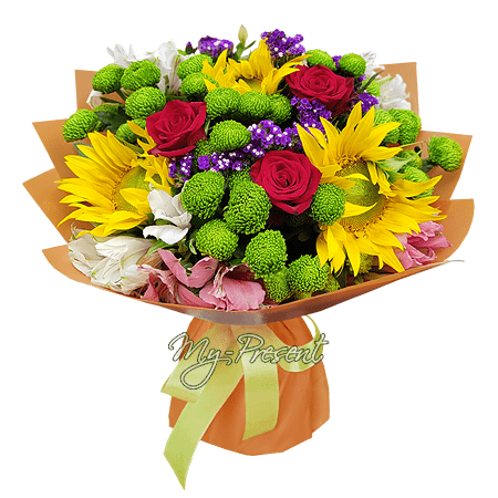 Bouquet of sunflowers, roses and alstroemeria