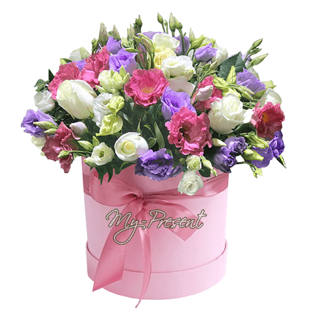 Roses and lisianthus in box