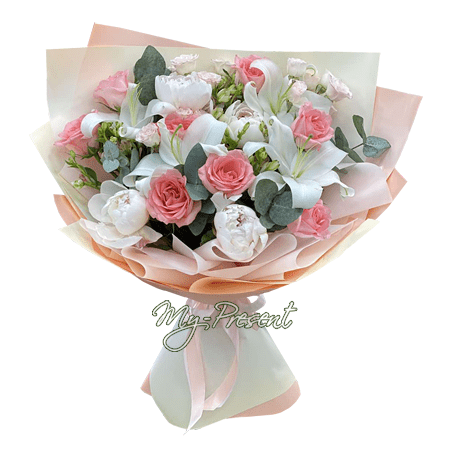 Bouquet of roses, peonies and lilies