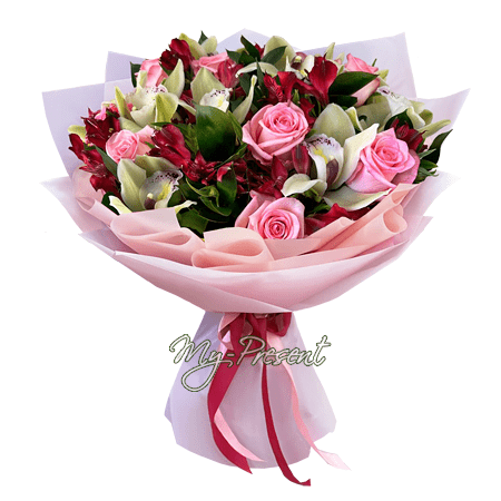 Bouquet of roses, alstroemeria and orchids