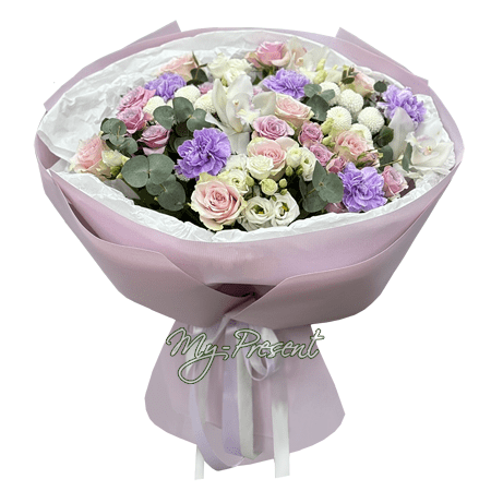 Bouquet of roses, lisianthus, orchids