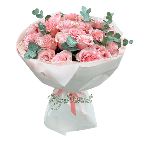 Bouquet of pink roses (60 cm.) with eucalyptus