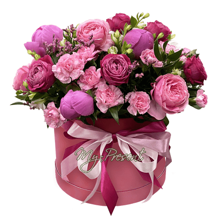 A box with roses, peonies and bush carnations.