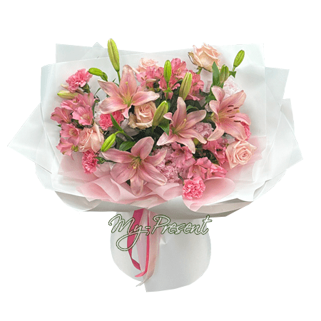 Bouquet of lilies, roses, alstroemeria, carnations