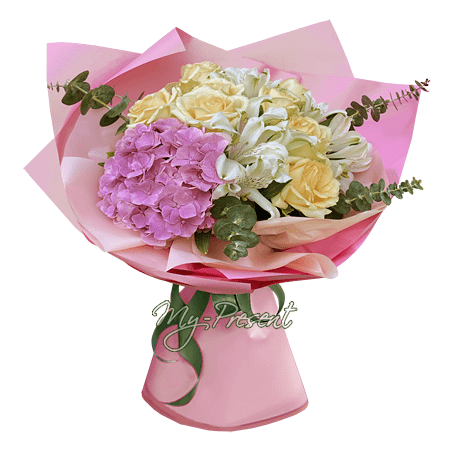 Bouquet of roses, alstroemeria and hydrangeas