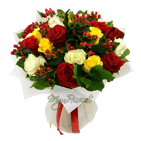 Bouquet of different color roses and giperikum